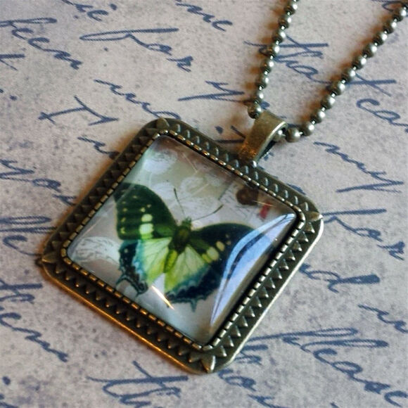 Fashion Jewelry Jewelry - Victorian Butterflies Steampunk Square Antiqued Brass Glass 27" Long Necklace